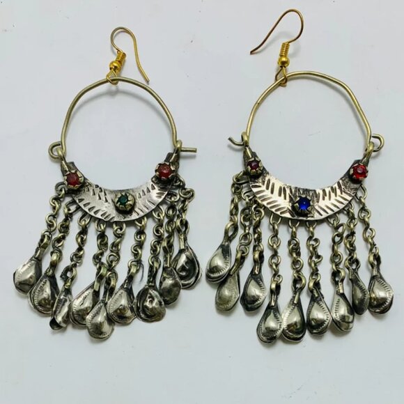 Vintage Silver Kuchi Earrings With Long Tassels, Tribal Earrings, Kuchi Boho - Picture 1 of 10